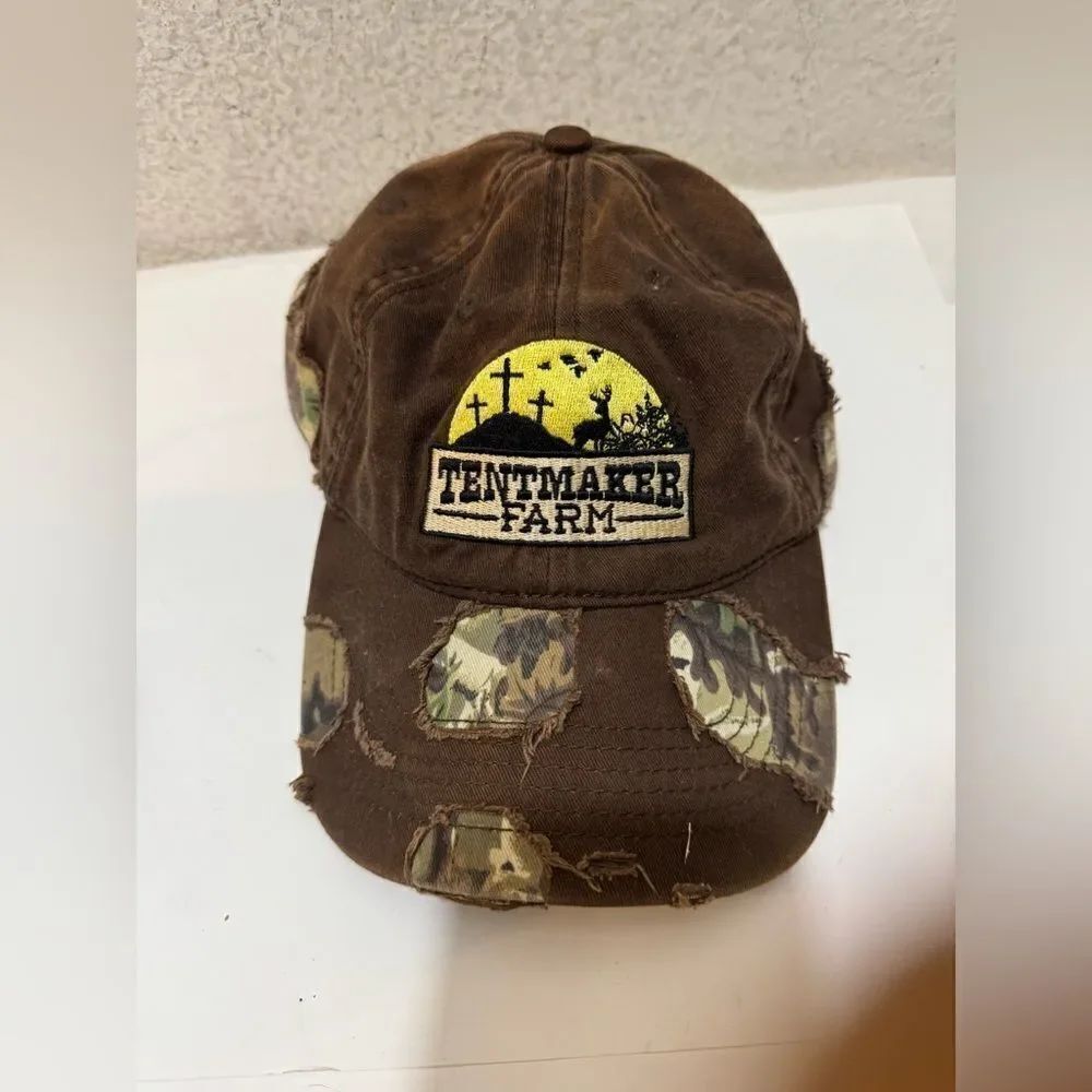 Camouflage Otto hat with biblical verse acts 18:3 tentmaker farm trucker hat.